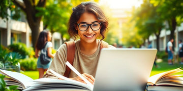 University student studying in a vibrant campus environment.