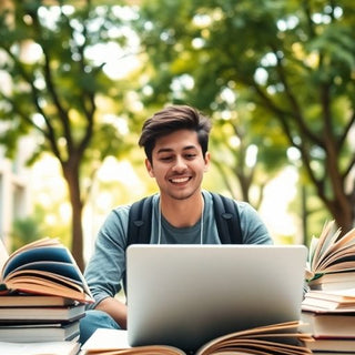 University student studying in a vibrant campus environment.