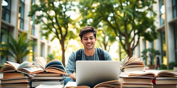 University student studying in a vibrant campus environment.