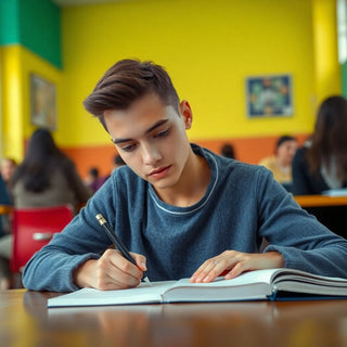 Estudante universitário escrevendo em um ambiente vibrante.