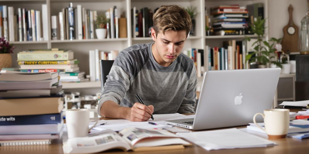 Student writing thesis at a desk with books.