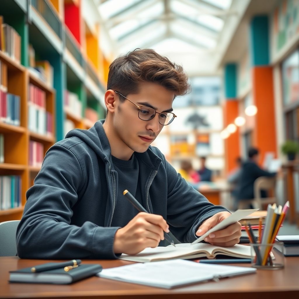 University student writing in a colorful study environment.