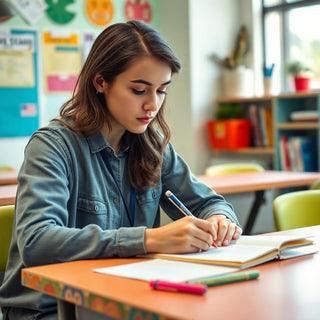 University student writing in a vibrant study space.