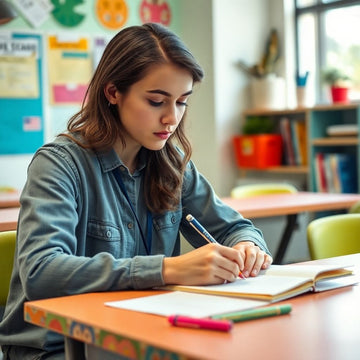 University student writing in a vibrant study space.