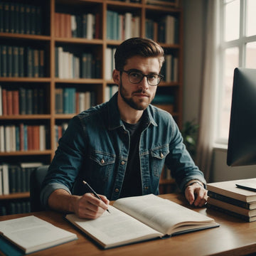 Student presenting thesis with books and laptop on desk