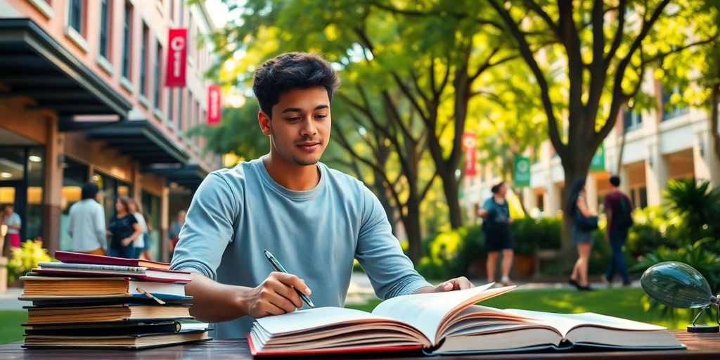 University student studying in a lively campus environment.