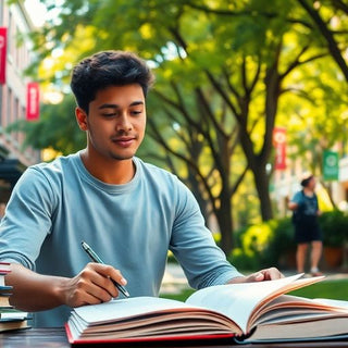 University student studying in a lively campus environment.