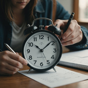 Student writing thesis with two months on clock