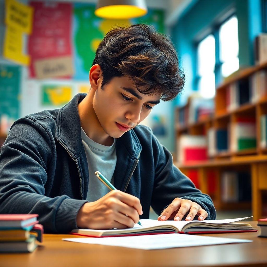 University student writing in a colorful study environment.