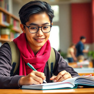 Estudante universitário escrevendo em um ambiente vibrante.