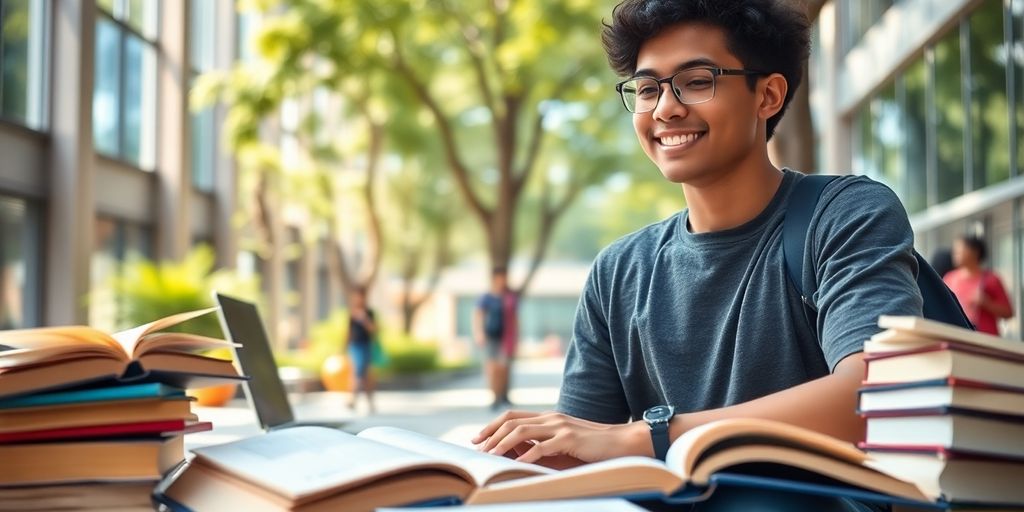 Étudiant universitaire dans un environnement vibrant et académique.