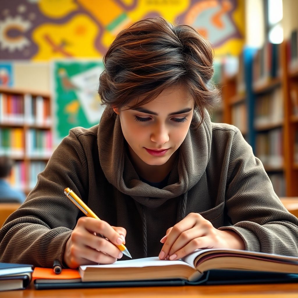 大学生在一个色彩缤纷的环境中写作。