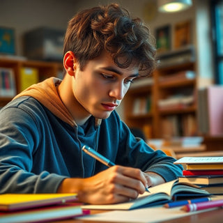 University student writing in a colorful study environment.