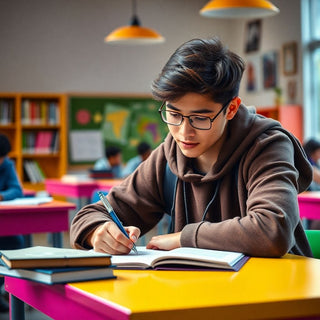 University student engaged in study activity at a desk.