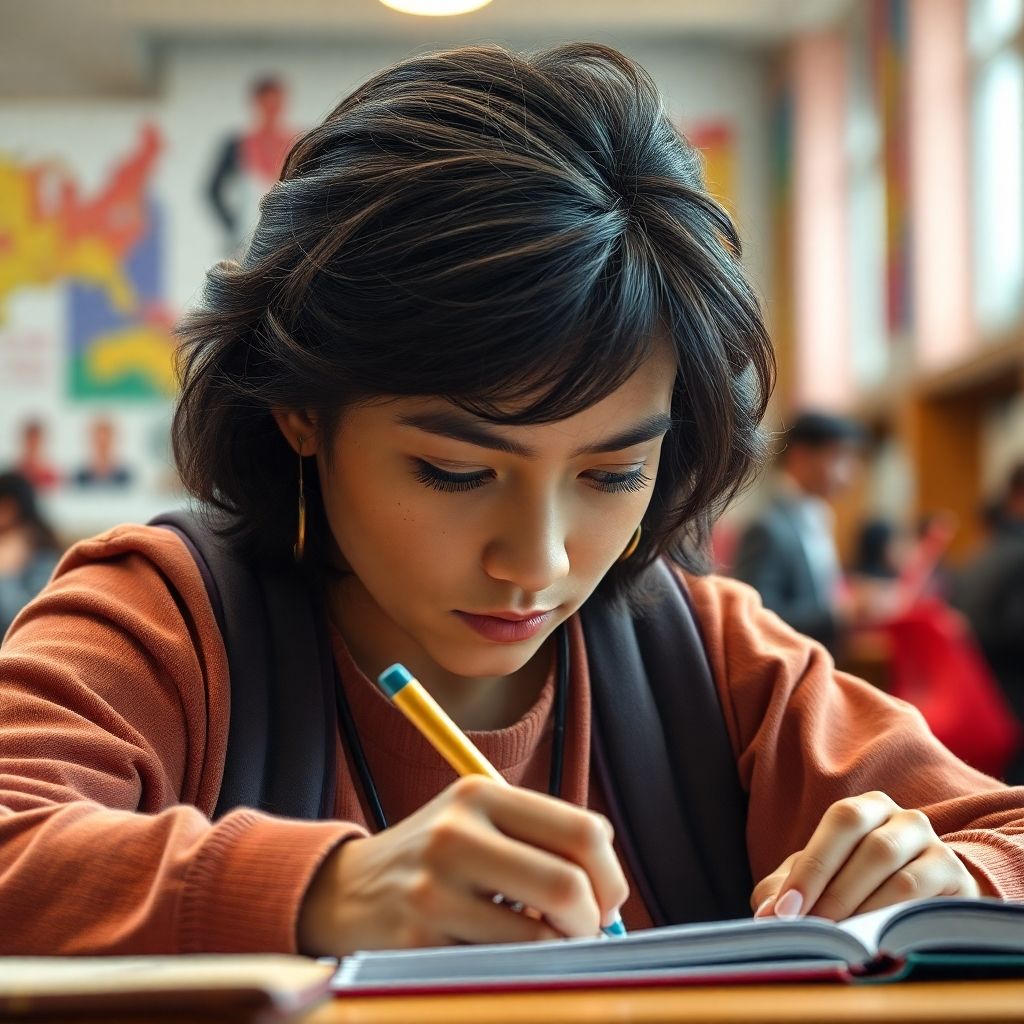 University student writing in a vibrant study environment.