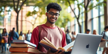 Estudante universitário em um ambiente vibrante e acadêmico.