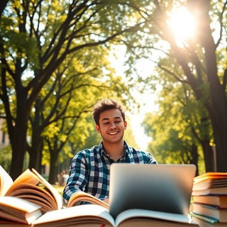 University student in vibrant campus with books and laptop.