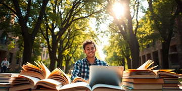 University student in vibrant campus with books and laptop.