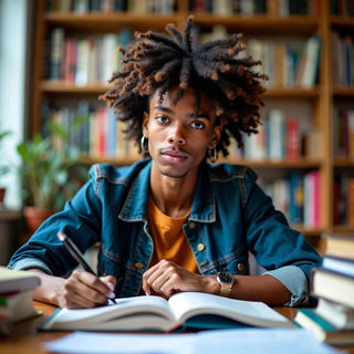 Estudante estudando em um ambiente universitário colorido.