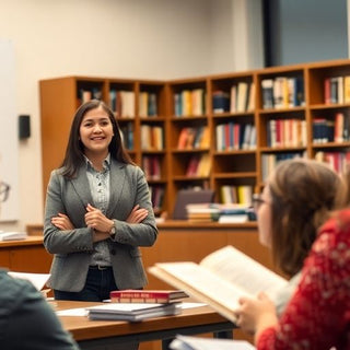 Student defending dissertation before academic panel in formal setting.