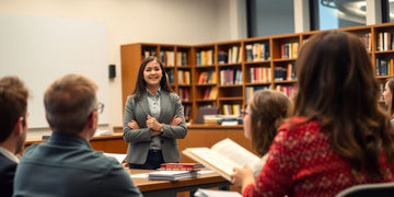 Student defending dissertation before academic panel in formal setting.