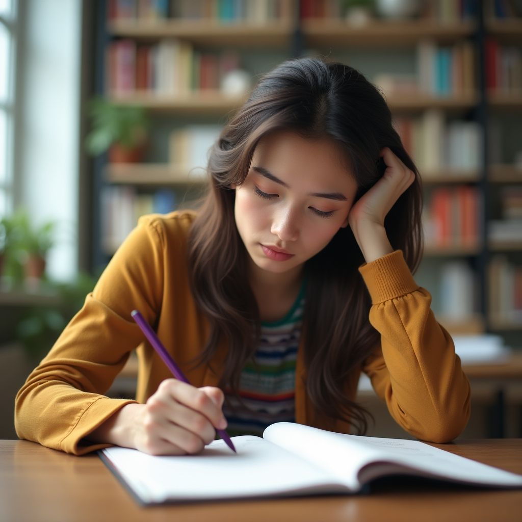 Estudiante universitario escribiendo en un entorno vibrante.