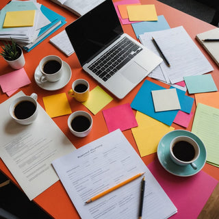 Colorful desk with papers and laptop