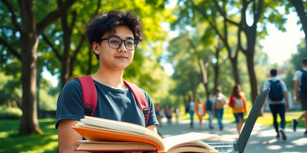 University student studying with books and laptop in campus.