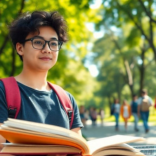 University student studying with books and laptop in campus.