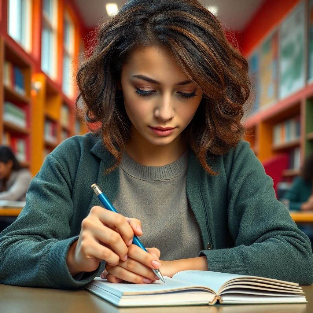 University student writing in a vibrant study environment.