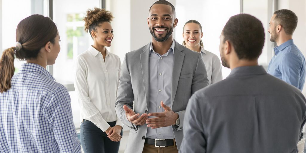 Diverse team collaborating under inspirational leadership in office.