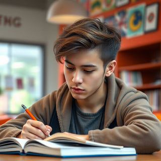 University student writing in a vibrant study environment.