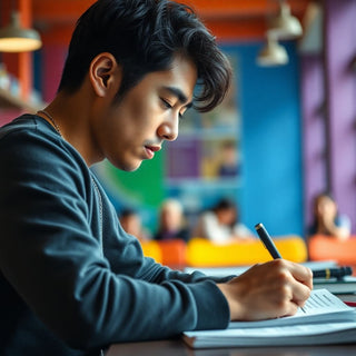 Estudiante universitario escribiendo en un entorno vibrante.