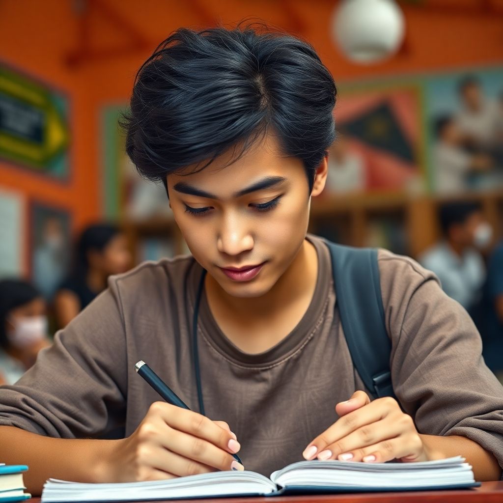 University student writing in a vibrant, colorful environment.