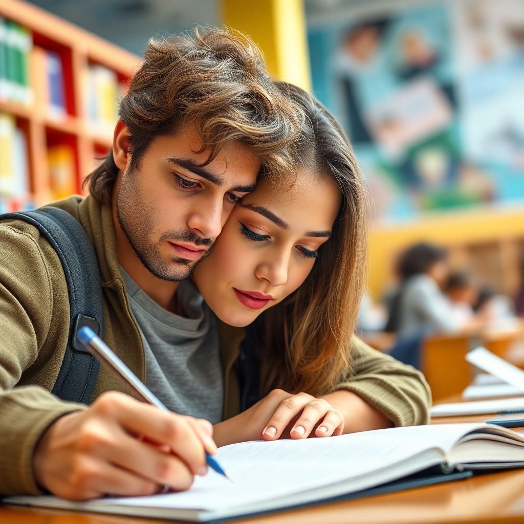 Étudiant universitaire écrivant dans un environnement vibrant.