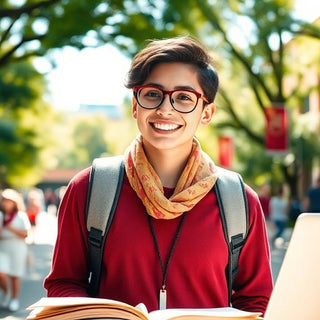 University student in an uplifting campus setting with books.