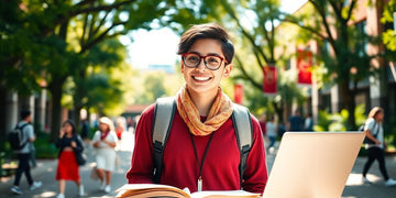 University student in an uplifting campus setting with books.