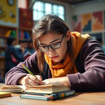 University student writing in a colorful, vibrant setting.