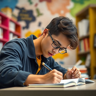 University student writing in a vibrant study environment.
