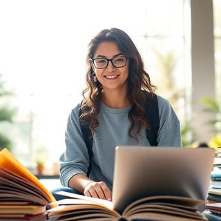 University student surrounded by books and a laptop outdoors.