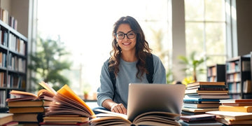 University student surrounded by books and a laptop outdoors.