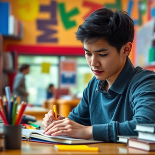 University student writing in a colorful study environment.