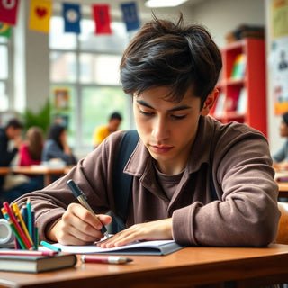 University student writing at a colorful desk alone.