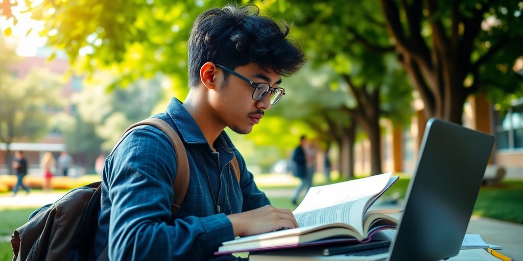 University student studying on a vibrant campus with books.