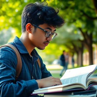 University student studying on a vibrant campus with books.