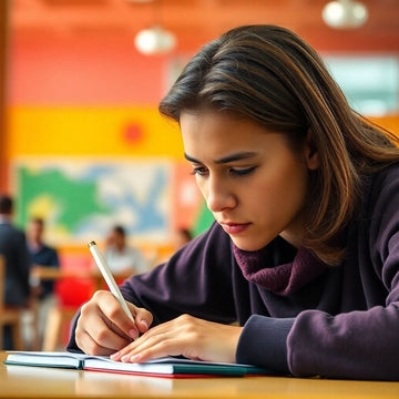 University student writing in a colorful study environment.