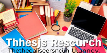 Workspace with books and laptop for thesis research.