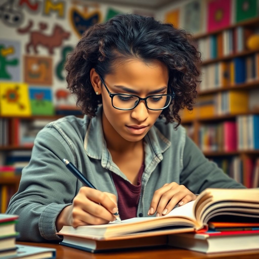 University student engaged in writing in a colorful setting.