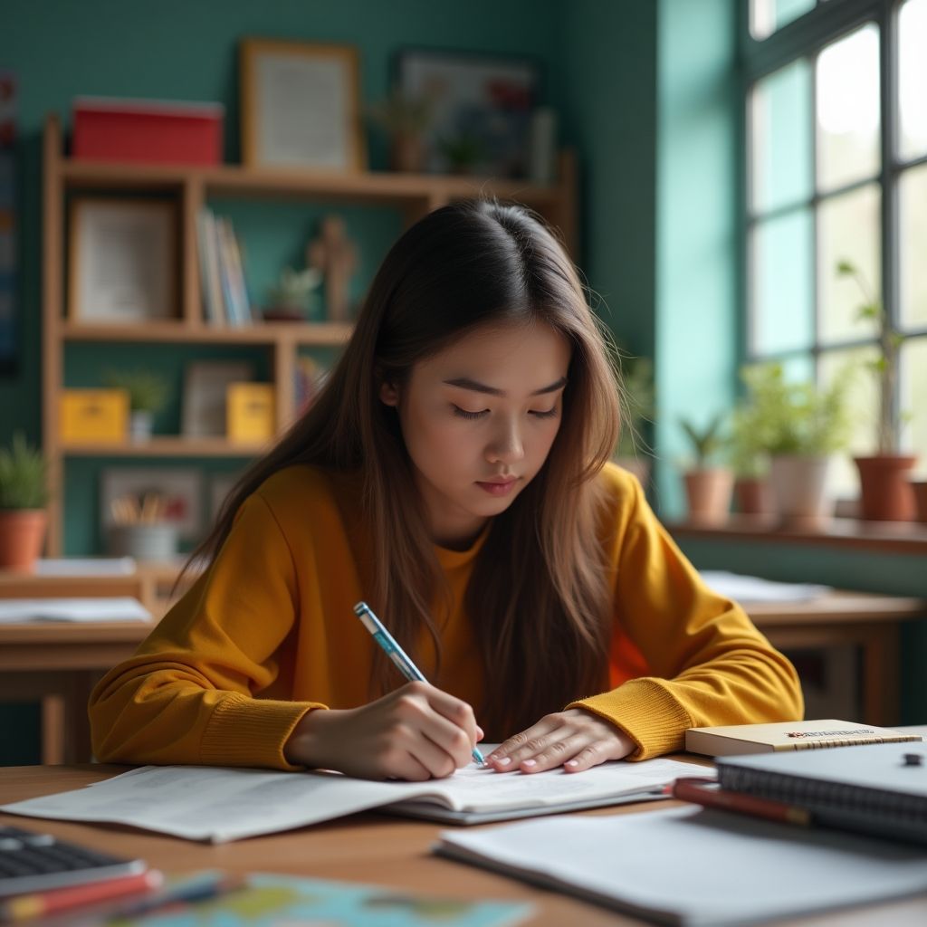 University student writing in a vibrant study environment.