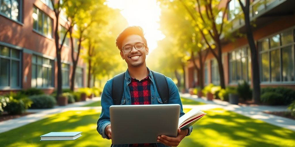 University student studying on a vibrant campus with books.